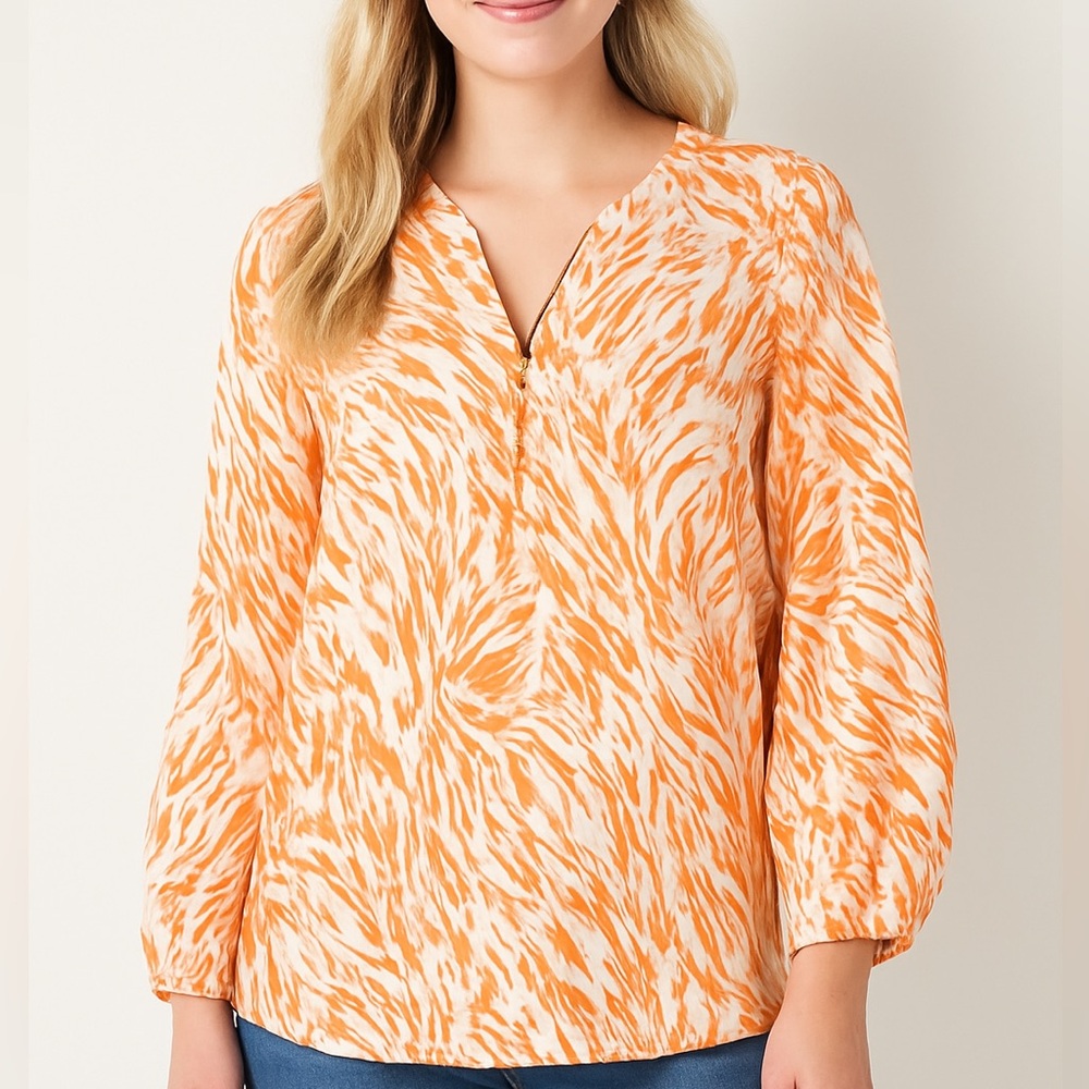 Passport by Susan Graver Abstract Print Popover Blouse – Orange/White‎ – XXS